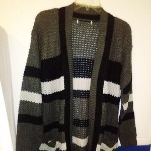 Ladies open weave knit grey striped cardigan SZ L.